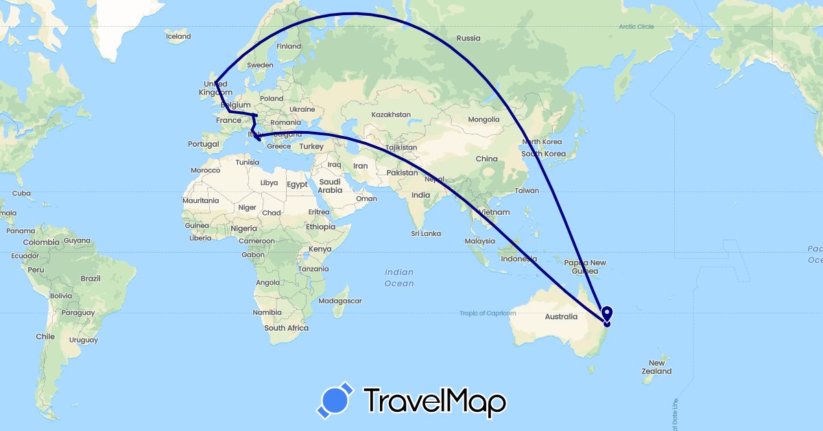 TravelMap itinerary: driving in Austria, Australia, Germany, France, United Kingdom, Italy (Europe, Oceania)